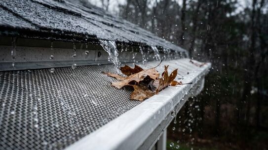 Rain passing through a mesh gutter guard while wet leaves stay on the surface