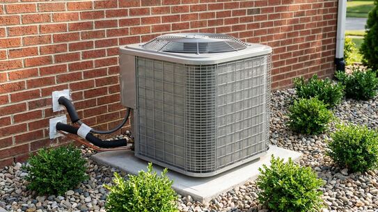 Outdoor air conditioner condenser unit installed beside a brick house