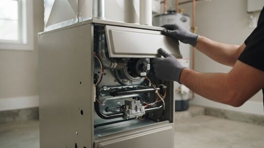 Technician lifting the access panel of a new high-efficiency gas furnace