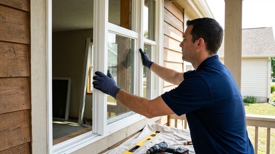 Installer fitting a new white vinyl replacement window into a home